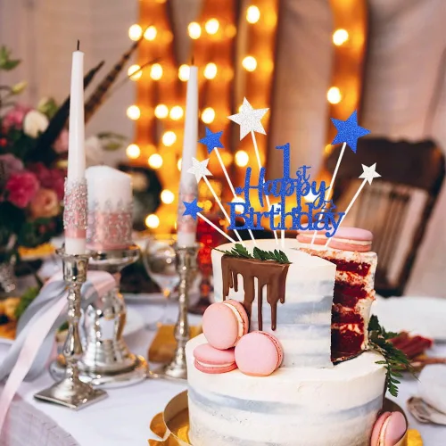 Miniatura 4 de Decoración brillante para tarta de primer cumpleaños feliz con estrella, adornos personalizados para tarta de 1 cumpleaños, decoraciones de fiesta