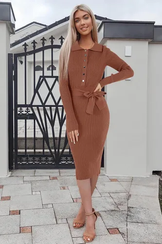 Miniatura 4 de Lynwitkui Vestido de suéter acanalado de manga larga con cuello en V para mujer, con botones y lazo en la cintura