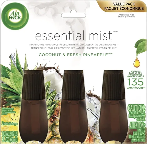 Air Wick Recambio de niebla esencial, 3 unidades, coco y piña, difusor de aceites esenciales, ambientador