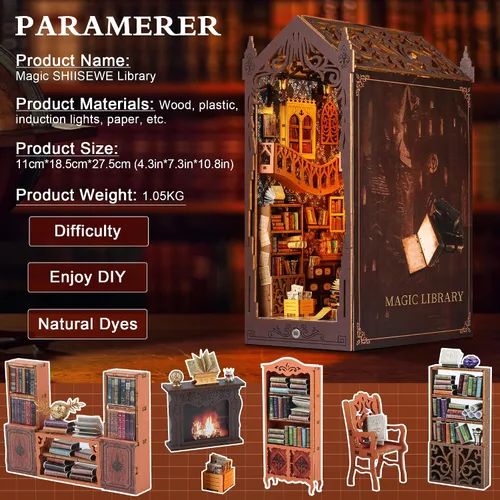 Miniatura 4 de Kit de rincón de libros, kit de casa en miniatura para adultos, adolescentes y principiantes, rompecabezas de madera 3D de biblioteca mágica