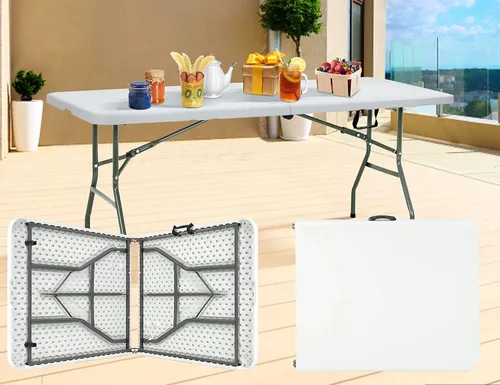 Mesas plegables, mesa plegable de 6 pies con asa y patas de acero, para interiores y exteriores, mesa portátil plegable por la mitad para