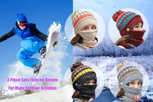 Miniatura 9 de Conjunto de 3 piezas para mujer, gorro de esquí, nieve, cuello, bufanda, máscara facial, pasamontañas, gorro de forro polar de punto de invierno
