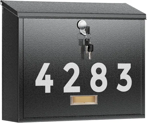 Miniatura 11 de LAND·VOI Buzón con cerradura montado en la pared, buzón de metal con tres juegos de calcomanías de números de buzón de correo, 4 llaves, 14.4" x