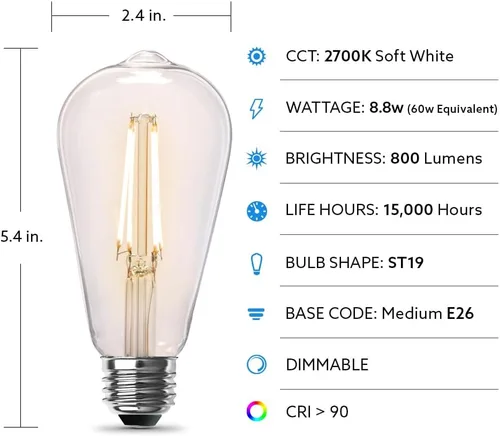 Miniatura 2 de Feit Electric ST19 Bombilla LED Edison vintage, equivalente a 60 W, regulable, blanco suave de 2700 K, 800 lúmenes, base E26, bombillas de filamento