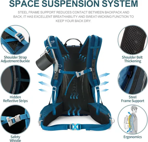 Miniatura 4 de IX INOXTO Mochila de Senderismo, Mochila de Día de Senderismo Impermeable con Vejiga de Agua de 3L y Cubierta para la Lluvia, Mochila Ligera de Azul