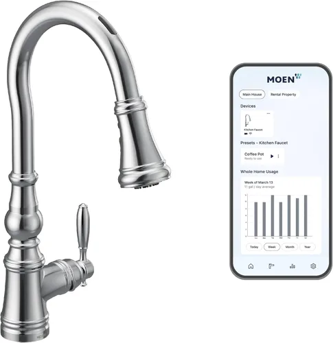 Moen Weymouth S73004EVC - Grifo de cocina con pulverizador extraíble cromado sin contacto con control de voz y potencia