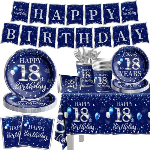 GREHUMOR 142 piezas de decoración de vajilla para niños de 18 años, color azul plateado, suministros para fiesta de cumpleaños de 18 años, mantel 18º