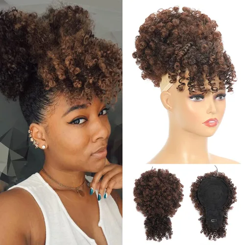Miniatura 10 de Extensión de cola de caballo afro rizada Fayasu para mujeres negras, con cordón, cola de caballo con cabello rizado y flequillo, extensión