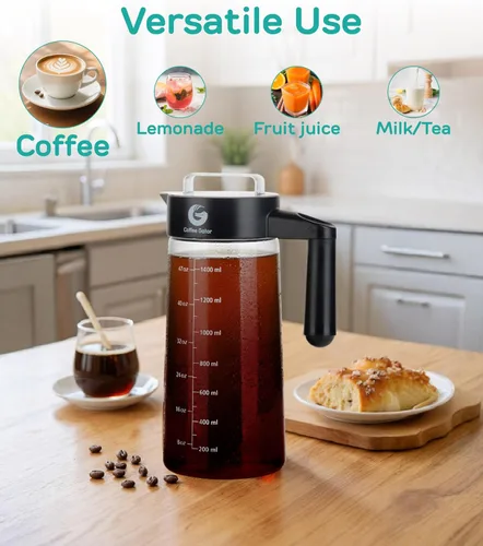 Miniatura 12 de Coffee Gator Cafetera de café frío de 47 onzas, cafetera helada y jarra con jarra de vidrio de borosilicato, filtro, color negro
