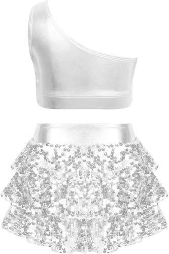 Miniatura 58 de JEATHA Top corto con borlas y lentejuelas brillantes para niñas, con minifalda, jazz latino, salsa, samba, rumba, baile