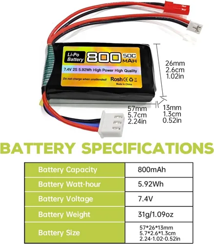 Miniatura 2 de 2 unidades 7.4V LiPo 2S 50C JST y PH2.0 Plug 800mAh Batería para SCX24 RC Car Compatible con la mayoría de las baterías RC 1/10, 1/16, 1/18, 1/24