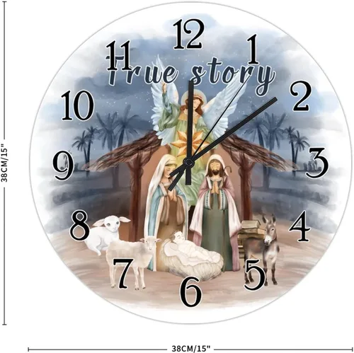 Miniatura 16 de Reloj de pared de madera de regalo cristiano de Feliz Navidad, Jesús es la razón, escena de la natividad, relojes de pared colgantes de granja