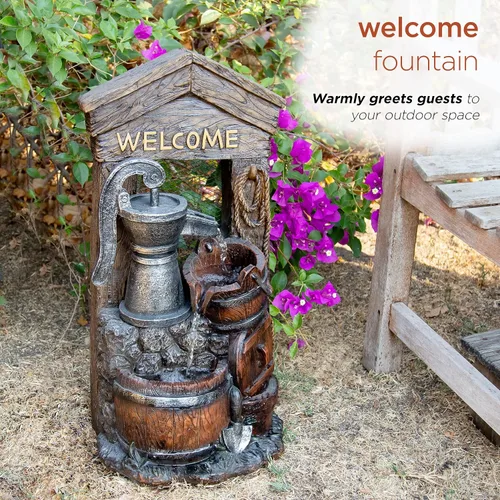 Miniatura 6 de Alpine Corporation ZEN576S - Bomba de agua de diseño rústico para exteriores y fuente de suelo de barril, letrero de bienvenida, 24 pulgadas