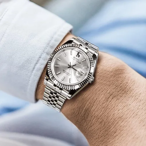Miniatura 6 de BUREI - Reloj automático de lujo para hombre con lente de zafiro, calendario y correa de acero inoxidable