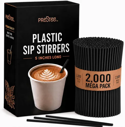 Prestee Agitadores de café de plástico, 2000 unidades, 5 pulgadas, pajitas de plástico, bebidas y palitos de café, palitos de cóctel Swizzle,