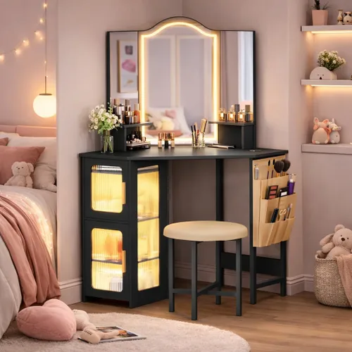 Miniatura 10 de LVSOMT Escritorio esquinero de maquillaje con espejo y luces, tocador de 44 pulgadas con estación de carga, mesa de maquillaje con taburete, armario