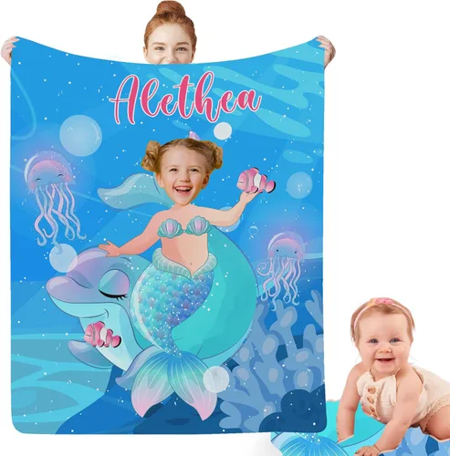 Regalos de Sirena para Niñas, Manta de Bebé Personalizada Pequeña Sirena con Nombre y Foto para Recién Nacidos, Mantas de Regalo Personalizadas para