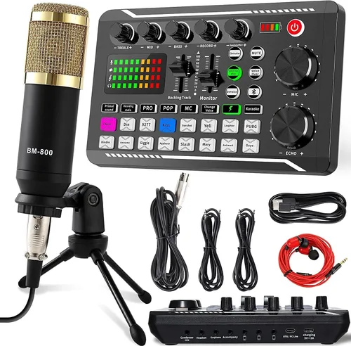 Conjunto para equipo de Podcast, micrófono de condensador SINWE con soporte de trípode y mezclador de audio profesional para grabación de voces de
