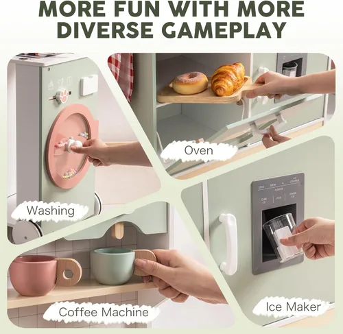 Miniatura 3 de ROBOTIME Cocina de madera para niños, juego de cocina de simulación con máquina de hielo, barbacoa, luces y sonidos, cocina de juguete para niños a