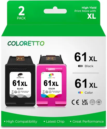 COLORETTO - Cartuchos de tinta para impresora remanufacturados de repuesto para HP 61XL para usar con Envy 4500, 5530, 5535, Deskjet 1510, 1512, 1
