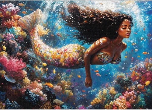 Rompecabezas para adultos de 1000 piezas – Sirenita Océano Playa Sea Coral – Rompecabezas de 1000 piezas con letras en la parte posterior –