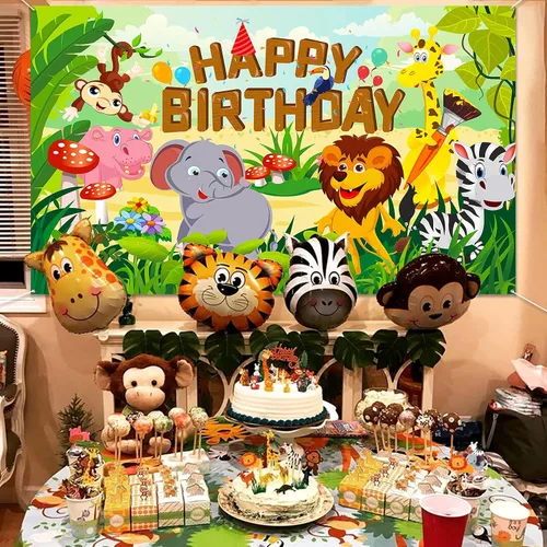 Miniatura 7 de HOWAF Cartel de tela de feliz cumpleaños para decoración de fiestas temáticas de animales de la selva, decoración de fondo de pared para niños