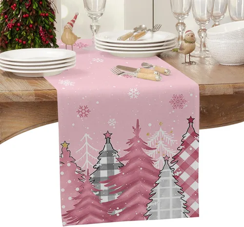 Miniatura 2 de Blush Pink Cotton Linen Small Table Runner 13 x 36 inch Non-Slip Rectangular Dining Table Decor for Wedding Party Holiday Dinner Christmas Pine Tree