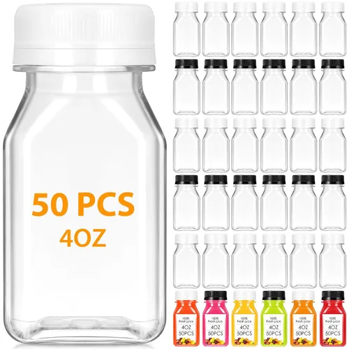Miniatura 10 de Gerrii 75 botellas de plástico para jugo de 4 onzas con tapa, pequeñas botellas transparentes reutilizables con tapas, recipientes a granel, aptas