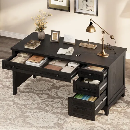 CABIHOME Escritorio de oficina de granja con estación de carga y cajón de archivos, escritorio de madera para computadora de 53.5 pulgadas con