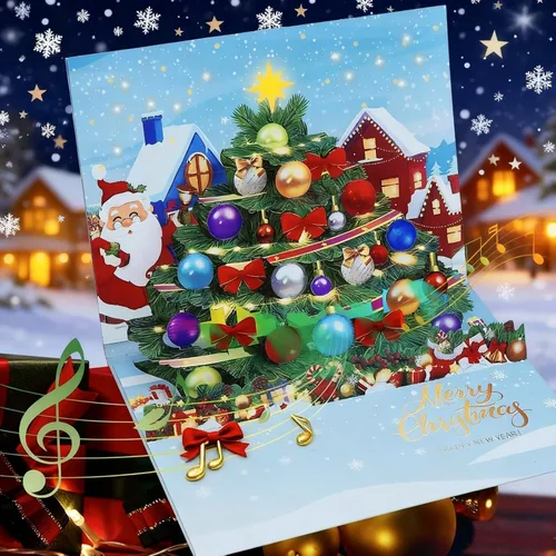 Miniatura 7 de MZD8391 Tarjetas de Navidad con proyecciones de Papá Noel animadas, tarjeta de felicitación de regalo de Navidad desplegable 3D con luces musicales
