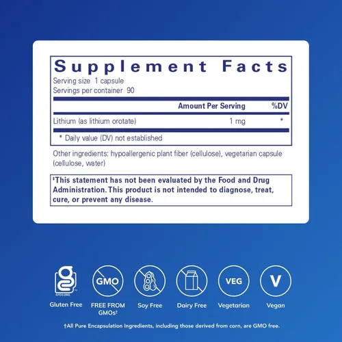 Miniatura 2 de Pure Encapsulations Litio (Orotato) 1 mg Apoyo para la calma y el comportamiento 90 Cápsulas