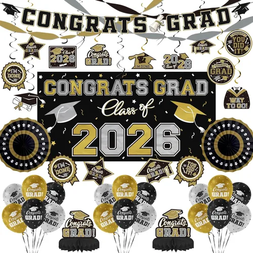 Juego de decoraciones de graduación 2026 con temática negra y dorada, pancarta de felicitaciones, telón de fondo, globos y serpentinas, suministros