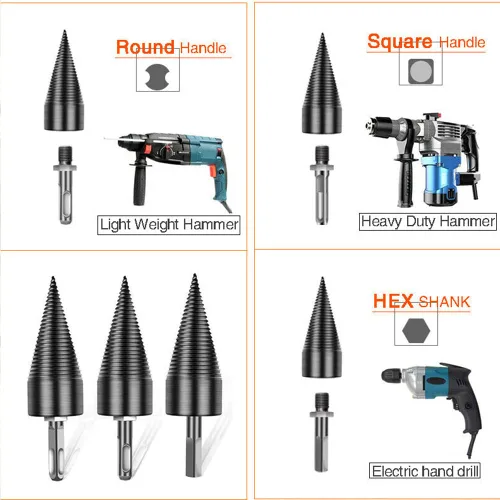 Miniatura 2 de Drill Bits Sets,Carving Tools,4pcs Firewood Log Splitter Wood Bit Heavy Duty Electric Drills Screw Cone Driver Removable 32mm + 3 Handles