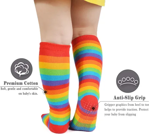Miniatura 18 de EPEIUS Calcetines altos hasta la rodilla con rayas de arco iris para bebé, calcetines de tubo antideslizantes para uniforme de fútbol para niños