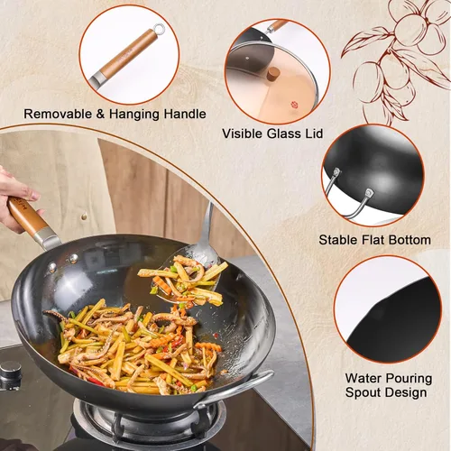 Miniatura 7 de WANGYUANJI Wok de Hierro, Woks de 14.2 Pulgadas para Saltear, Sartén China sin Recubrimiento, Olla de Hierro Tradicional de Fondo Plano
