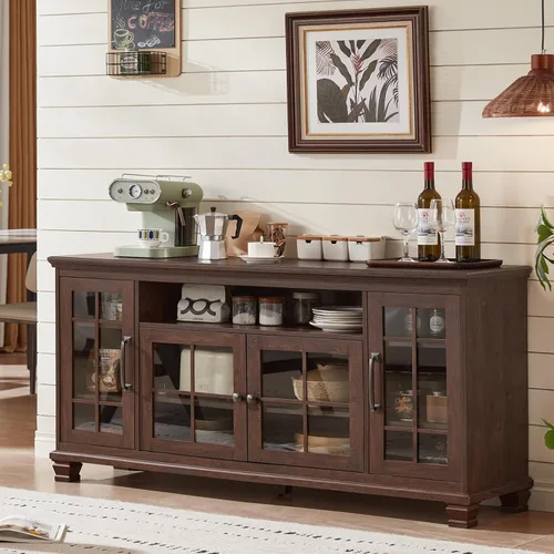 Miniatura 11 de SAVOR LIFE - Aparador grande negro con gabinete de buffet y almacenamiento, credenza vintage de casa de campo de 60" de ancho con puertas de vidrio