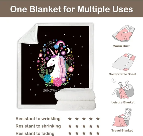 Miniatura 5 de Sleepwish - Manta de forro polar de unicornio para niñas y niños, manta de unicornio sherpa, mantas de unicornio para adultos y mujeres, manta Negro