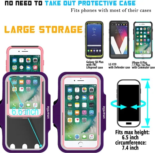 Miniatura 4 de Soporte para teléfono con brazo para correr, brazalete celular para iPhone 15 14 13 12 11 Pro Max/XR/8 7 6s Plus, Galaxy A/S/Note hasta 6.9 Púrpura