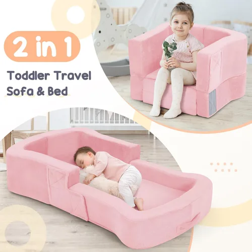 Miniatura 2 de whiffee Cama de viaje para niños pequeños, cama sofá silla portátil plegable 2 en 1, catre de piso suave para bebés y niños con fundas lavables, Rosa