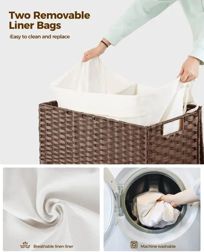 Miniatura 13 de GREENSTELL Cesta para ropa sucia con ruedas y tapa, 130 L, cesta grande de 3 secciones con 2 tipos de bolsas de forro extraíbles, 5 bolsas de malla