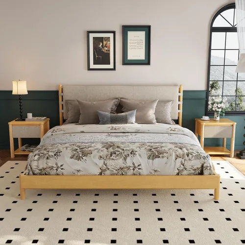 Miniatura 13 de Moderno juego de base de cama Queen con 2 mesitas de noche, cama de plataforma de madera beige con cabecero y mesitas de noche a juego