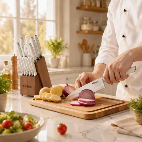 Miniatura 2 de FikShot - Juego de cuchillos con afilador, juego de cuchillos de 14 piezas con bloque, elegantes cuchillos de cocina blancos para damas, acero