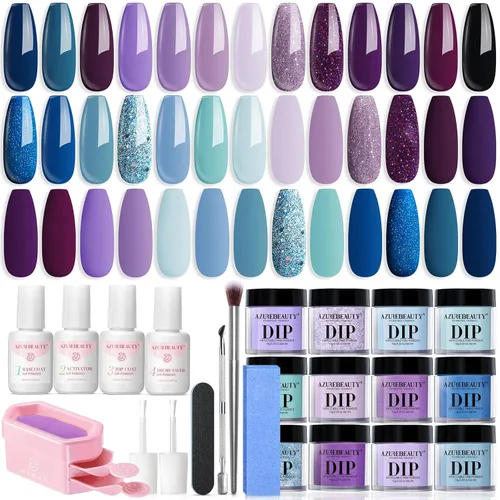 AZUREBEAUTY Kit de iniciación de uñas en polvo de inmersión, 20 colores morado y azul con purpurina, bandeja de reciclaje de polvo de inmersión,