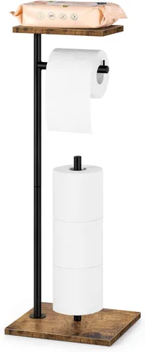 Dispensador de papel higiénico rústico de granja marrón - Soporte de rollo de papel higiénico independiente con estante para almacenamiento de papel