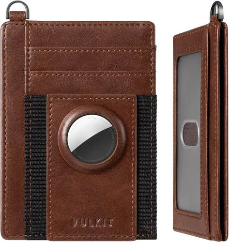 VULKIT Billetera minimalista delgada con bolsillo frontal, bloqueo RFID, tarjetero para AirTag, Marrón, Minimalista