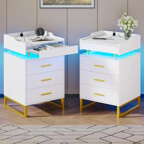 Miniatura 12 de BTHFST Mesita de noche LED con estación de carga, mesita grande con 3 cajones y 1 bandeja extraíble, mesa de noche moderna con luces LED, mesa