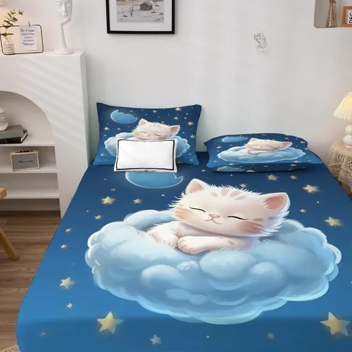 Miniatura 2 de Kitten Sheets K1-&-153 - Juego de sábanas y fundas de almohada de 3 piezas, tamaño individual, sábanas con diseño de nubes y estrellas, sábanas