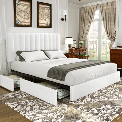 Miniatura 13 de VECELO Marco de Cama Tapizada Tamaño Full con 4 Cajones y Cabecero, Marco de Cama Plataforma de Almacenamiento de Terciopelo, Soporte de Listones