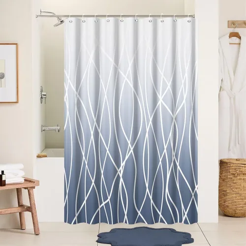 Miniatura 27 de Cortina de ducha pequeña a rayas gris claro degradado para baño, 36 x 72 pulgadas, juego de cortina de ducha geométrica para cabina de RV