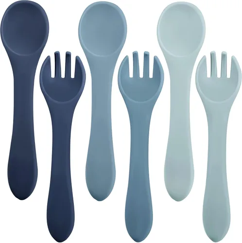 Miniatura 8 de Nuenen Juego de 6 tenedores y cucharas de silicona para bebés, suministros de autoalimentación para primera etapa, mini utensilios para niños